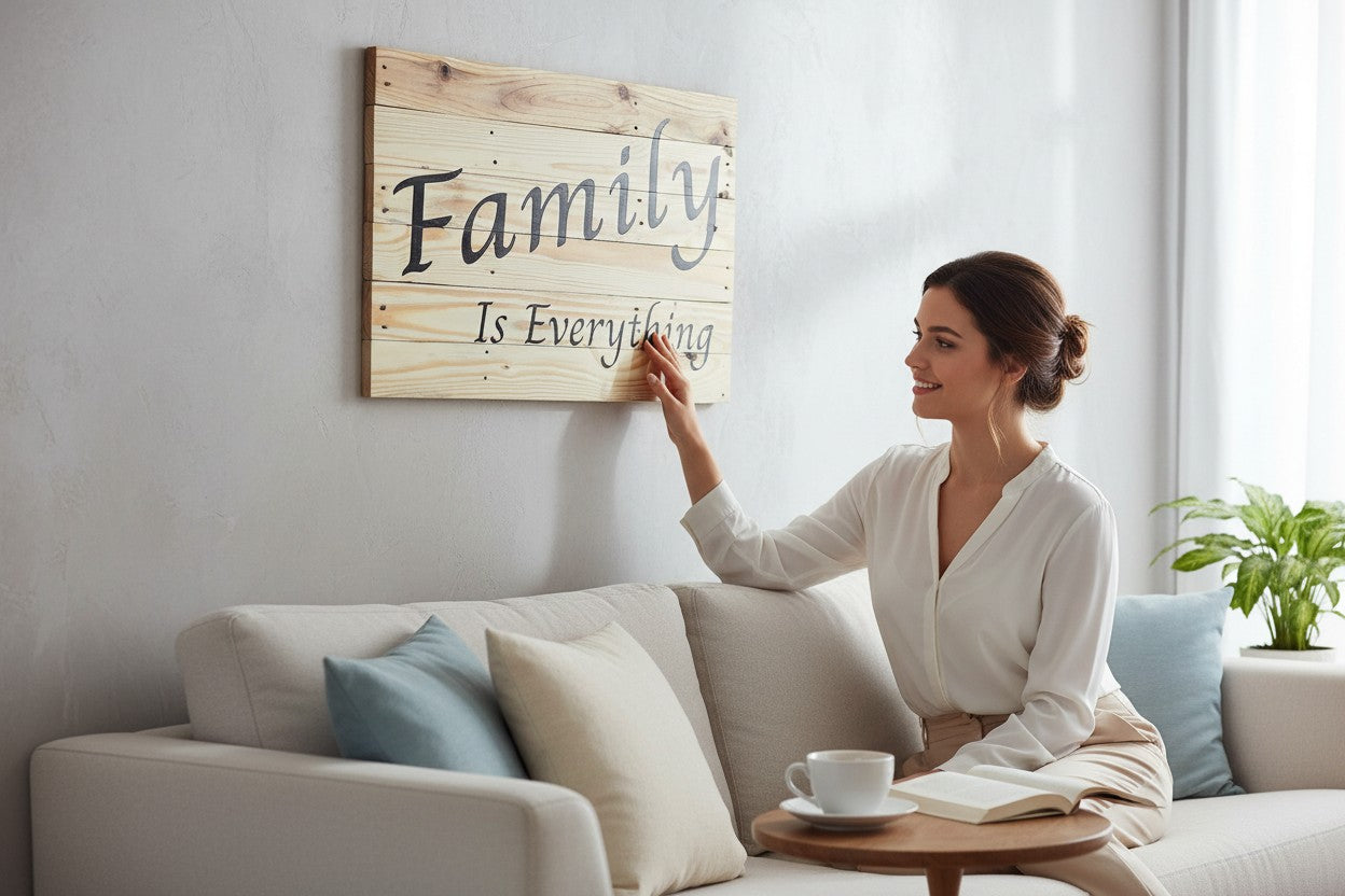 TK Wood Designs Family Is Everything wood wall art sign, natural wood planks with black script font.