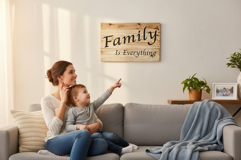 TK Wood Designs Family Is Everything wood wall art sign, natural wood planks with black script font.