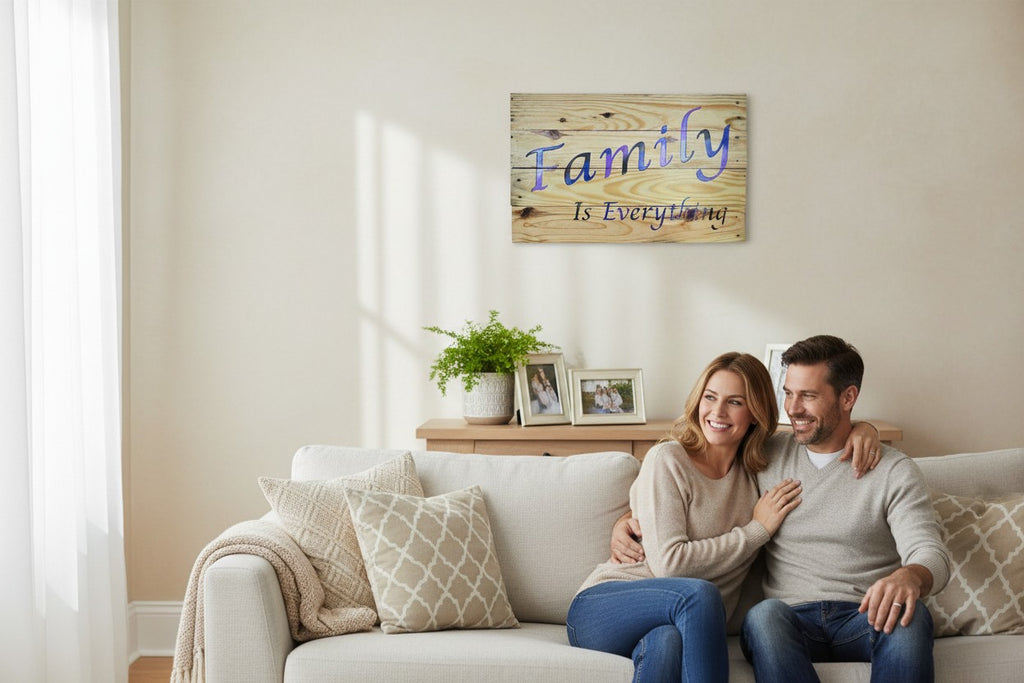 TK Wood Designs Family Is Everything wood wall art sign with blue and purple gradient script on natural wood planks.