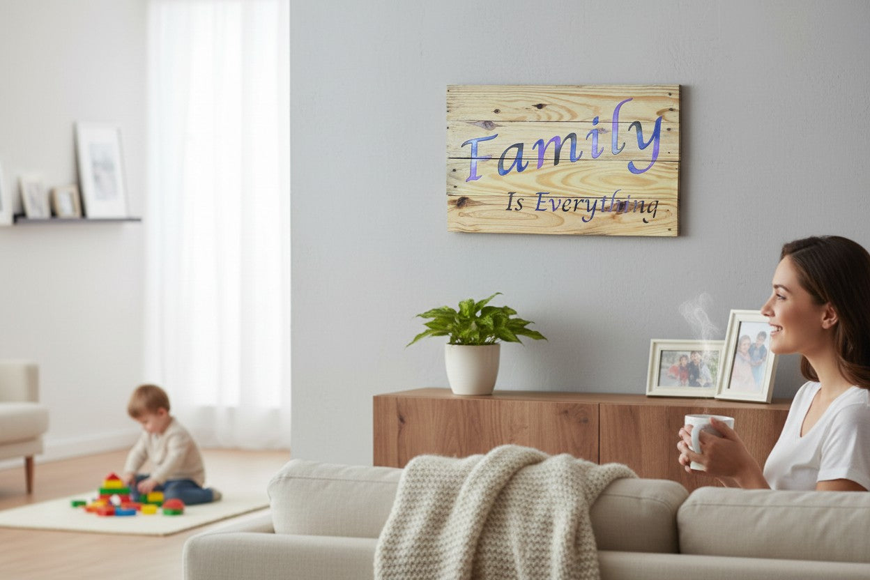 TK Wood Designs Family Is Everything wood wall art sign with blue and purple gradient script on natural wood planks.