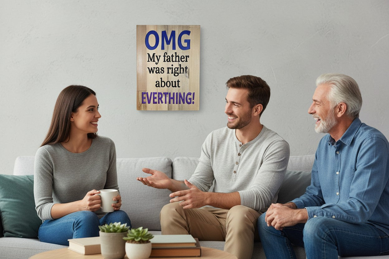 TK Wood Designs rustic wooden wall sign with humorous text hanging above a family sitting on a sofa.
