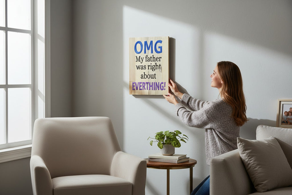 TK Wood Designs rustic wooden wall sign with humorous text hanging in a bright, modern living room.
