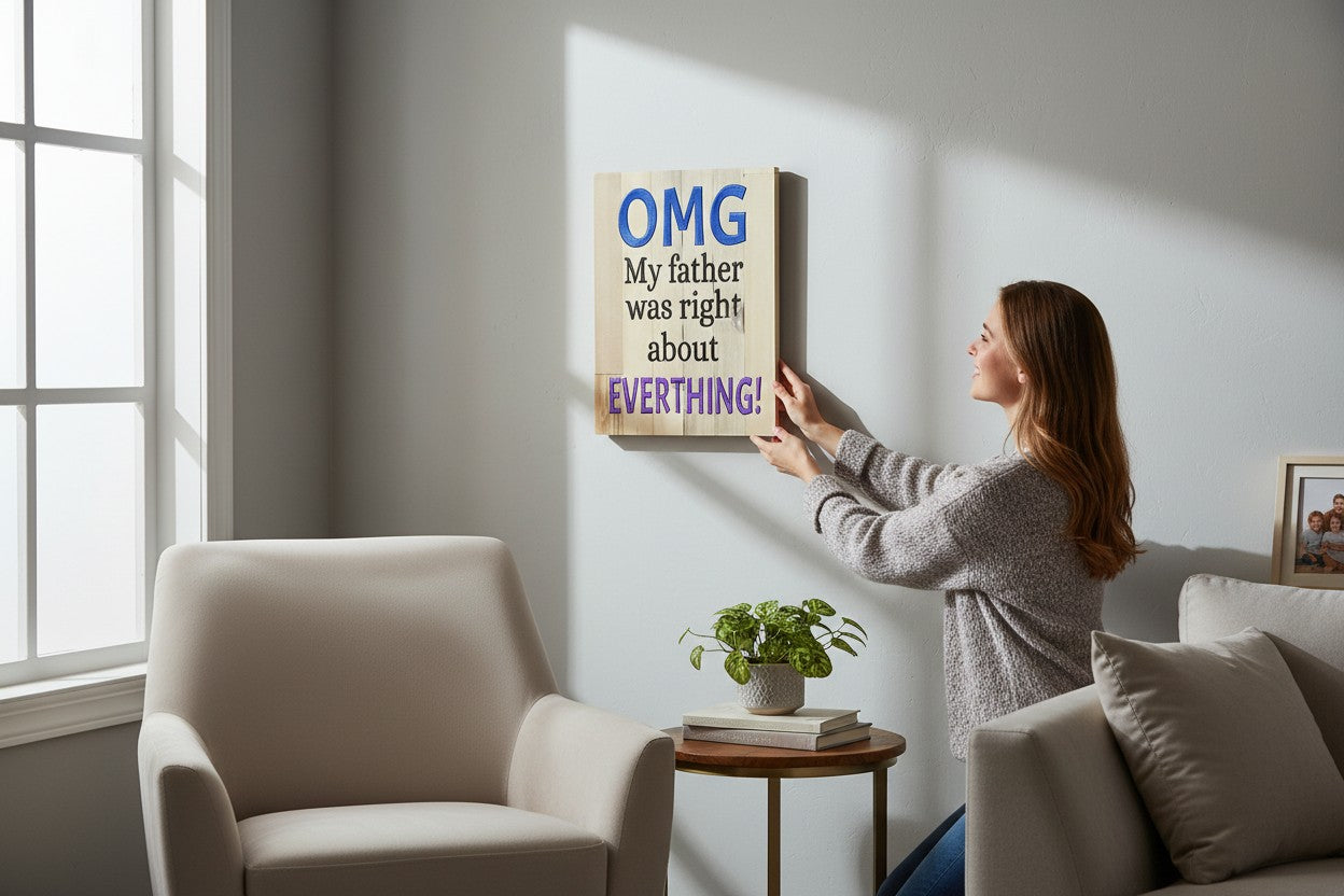 TK Wood Designs rustic wooden wall sign with humorous text hanging in a bright, modern living room.