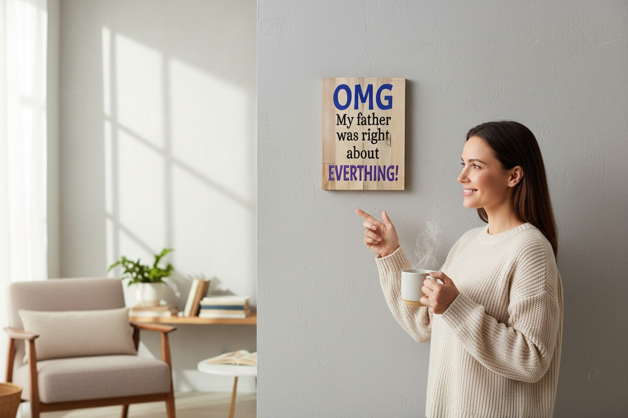 Woman pointing at a TK Wood Designs rustic wooden wall sign with humorous blue and black text in a cozy living room.