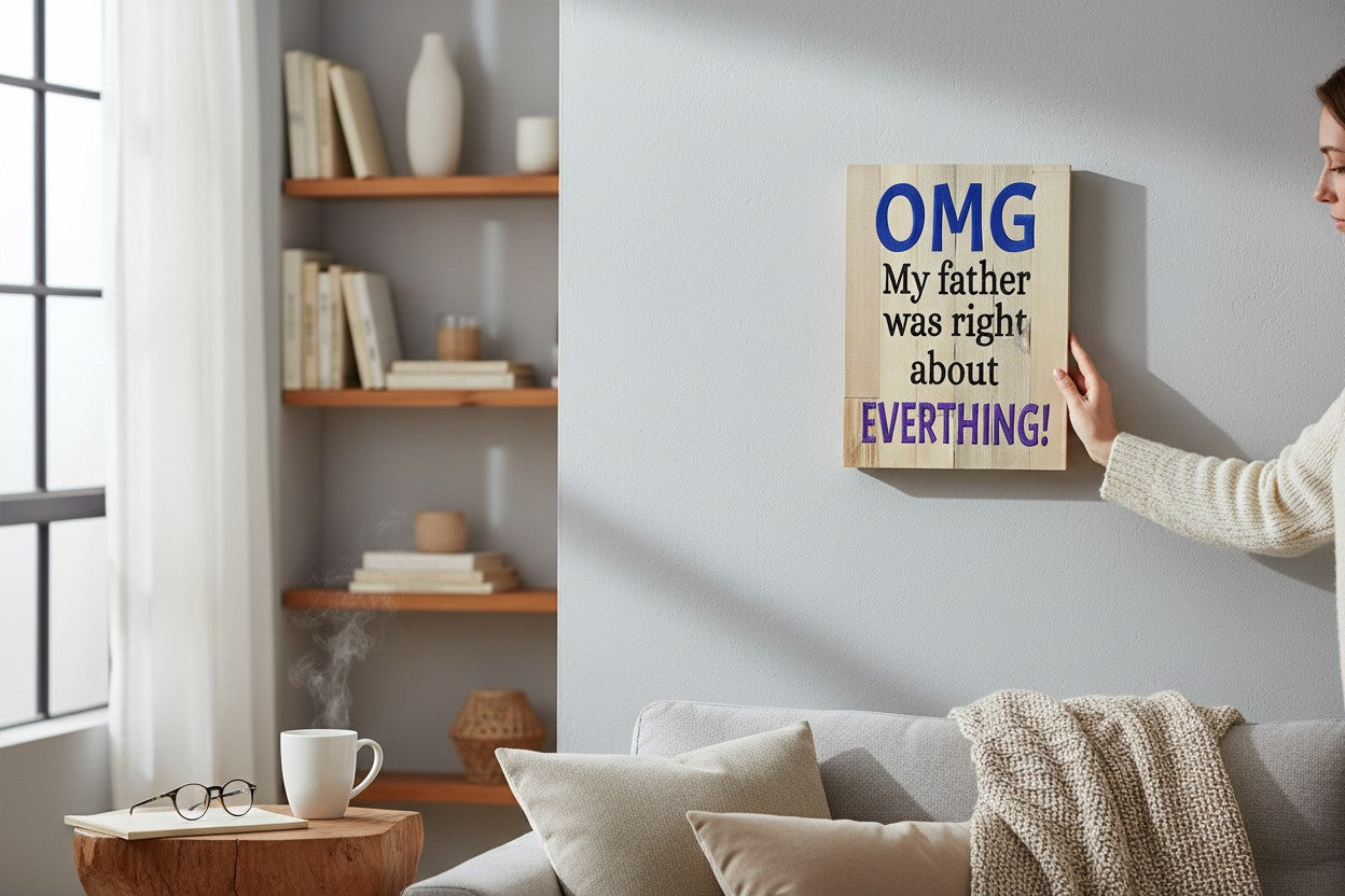 TK Wood Designs rustic wooden wall sign with blue and black text reading OMG My father was right about everything.