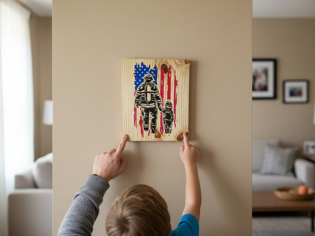 TK Wood Designs rustic wooden wall art featuring a firefighter and child silhouette with a distressed American flag design.