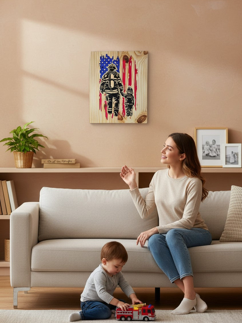 TK Wood Designs wooden wall art featuring a firefighter and child silhouette over a distressed American flag design.