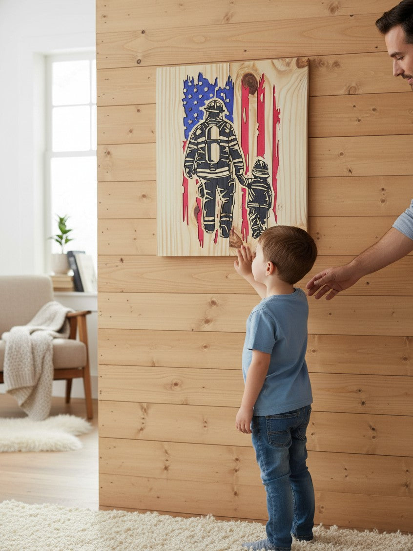 TK Wood Designs firefighter and child hand-in-hand wooden wall art with a distressed American flag on a wood wall.
