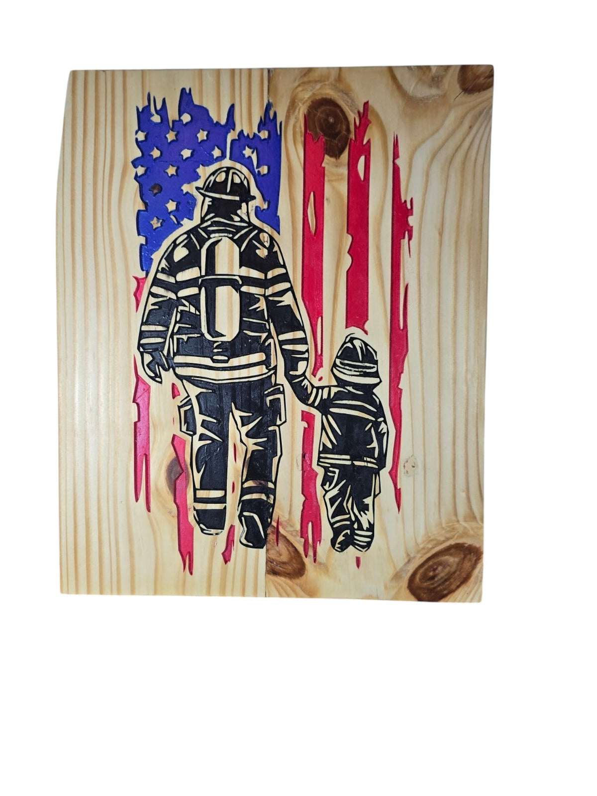 TK Wood Designs handcrafted wooden wall art featuring a firefighter and child holding hands over a distressed US flag.