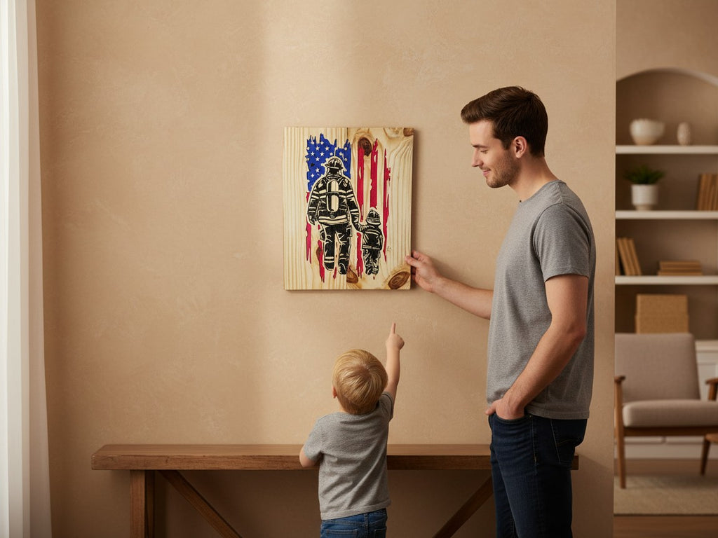 TK Wood Designs firefighter and child hand in hand wooden wall art with a distressed American flag design.