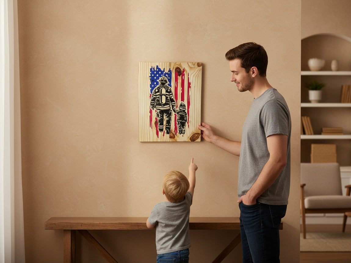 TK Wood Designs firefighter and child hand in hand wooden wall art with a distressed American flag design.