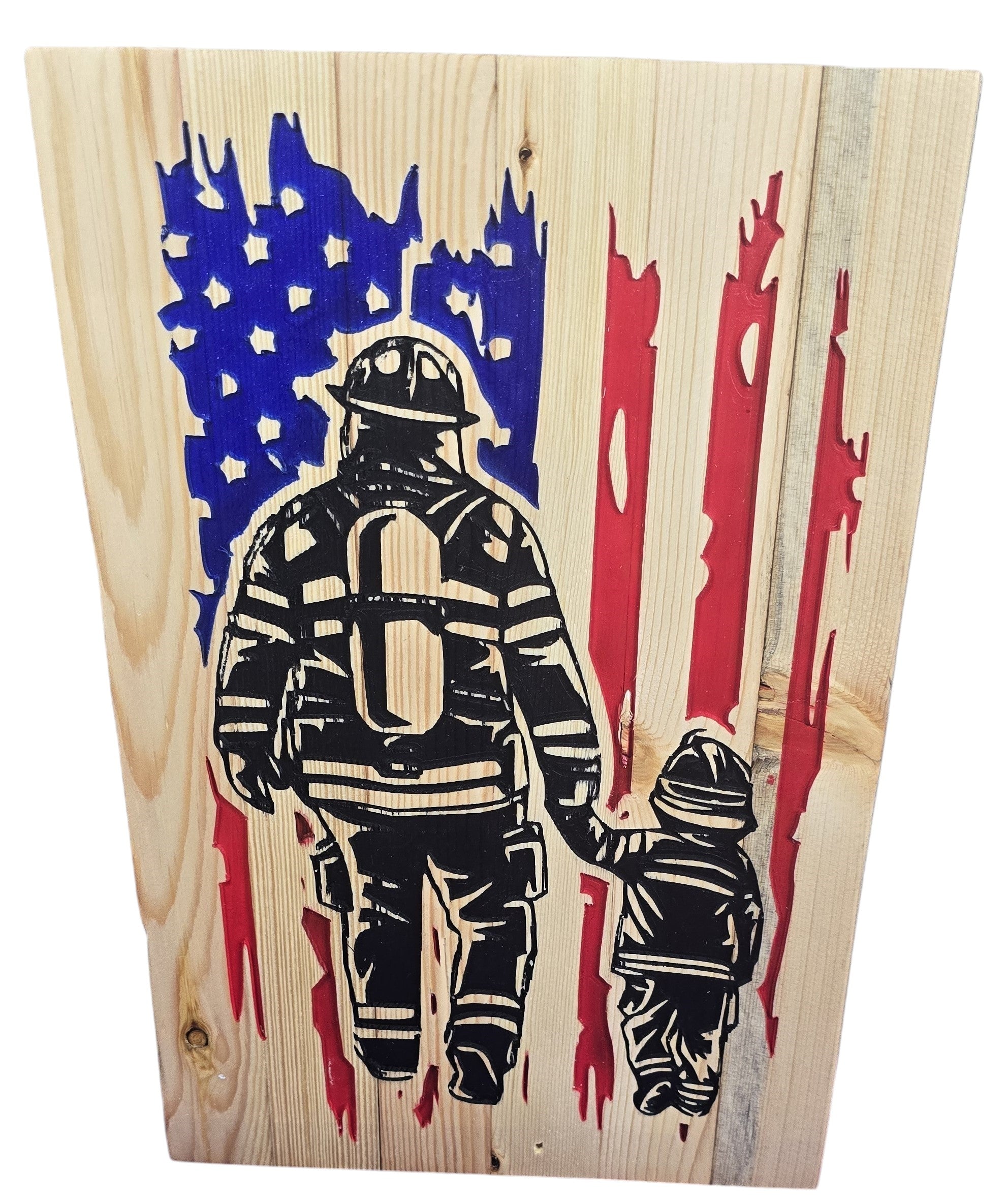 TK Wood Designs reclaimed wood sign with airbrushed American flag, firefighter, and child holding hands.