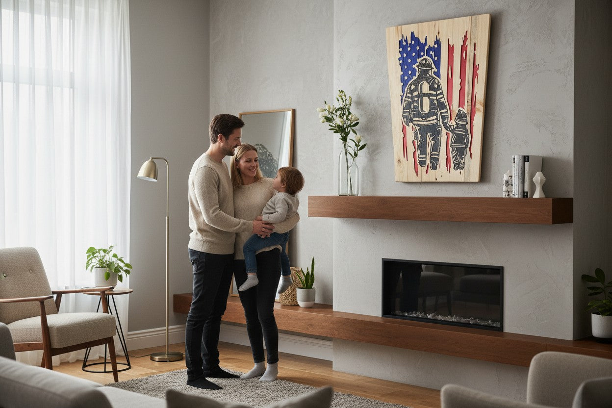 TK Wood Designs reclaimed wood sign with airbrushed American flag, firefighter, and child holding hands.