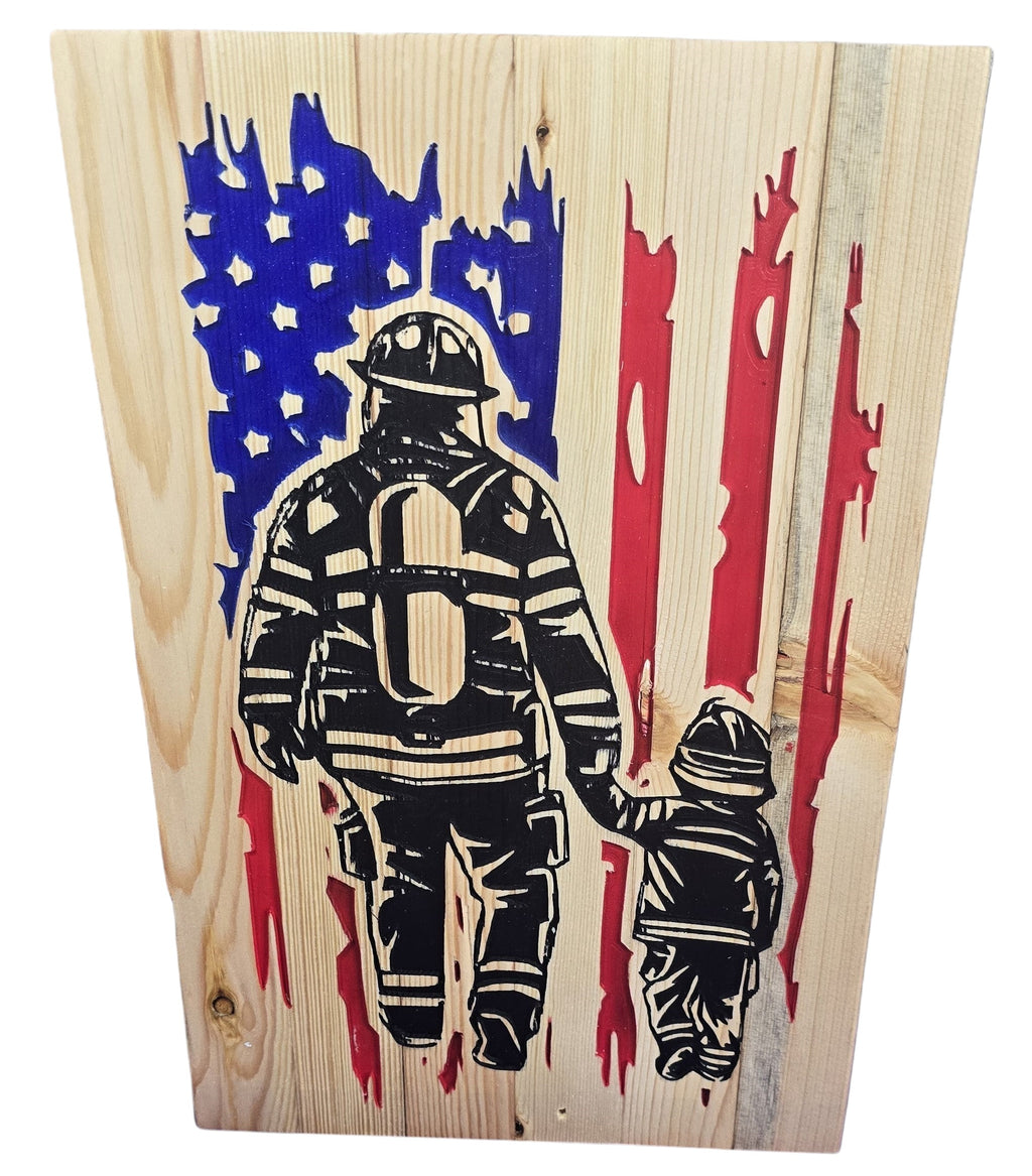 TK Wood Designs reclaimed wood sign with airbrushed American flag, firefighter, and child holding hands.