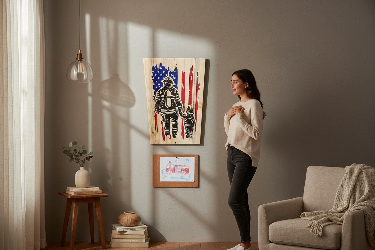 TK Wood Designs reclaimed wood sign with airbrush art of firefighter and child walking, against distressed American flag.