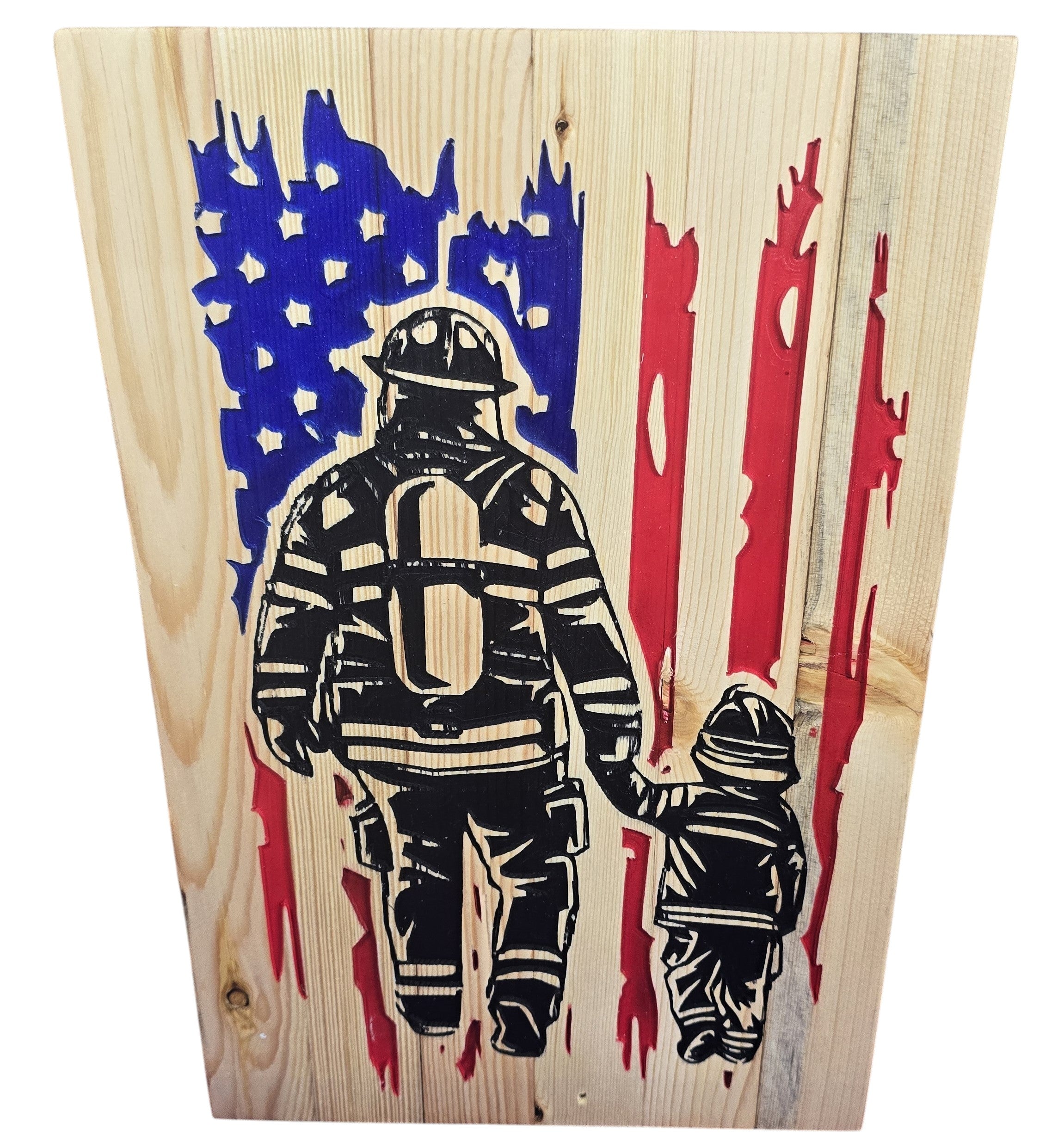 TK Wood Designs reclaimed wood sign depicting a firefighter and child against a distressed American flag. Features airbrush artistry.