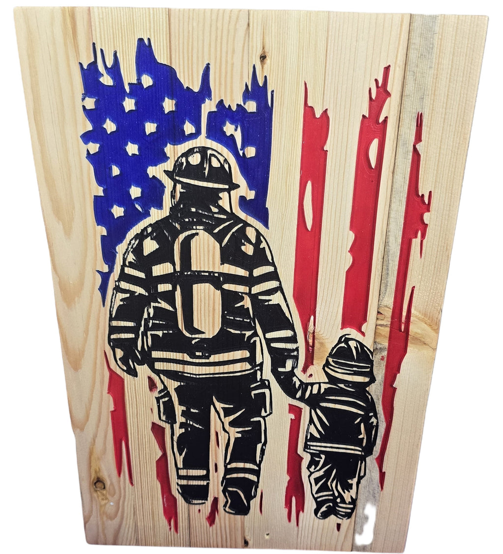 TK Wood Designs reclaimed wood sign with airbrushed firefighter and child against American flag.