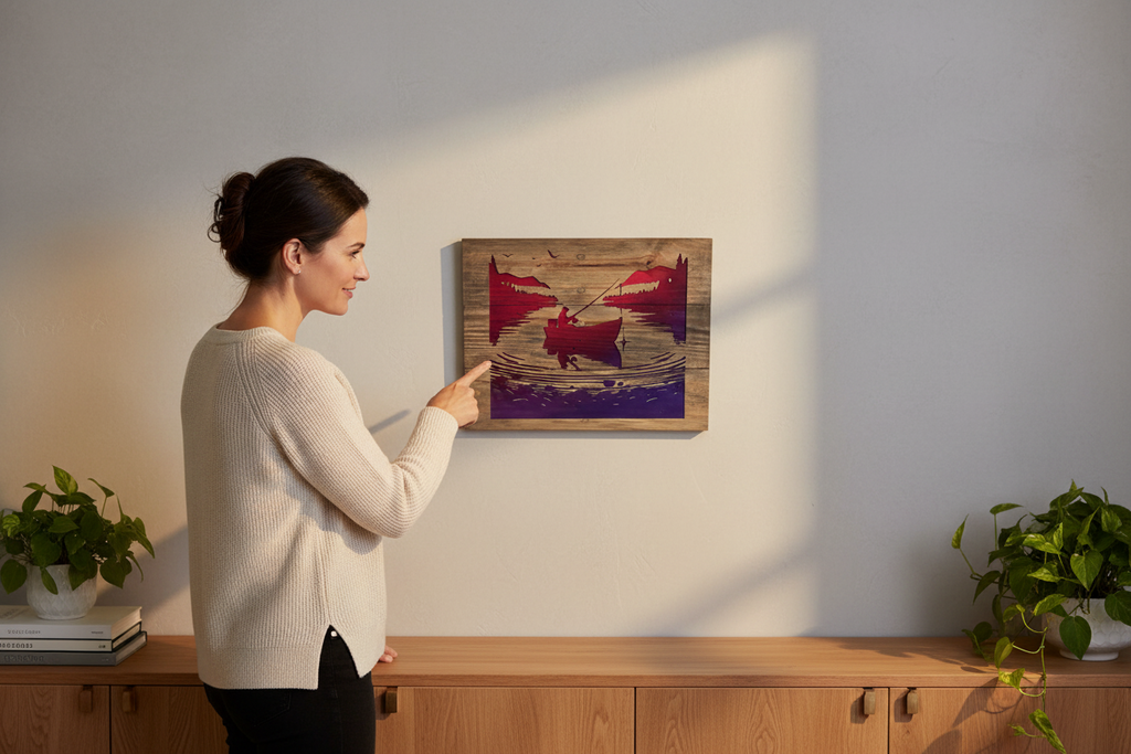 Woman pointing at a TK Wood Designs rustic wooden wall art featuring a fisherman silhouette against a sunset gradient.