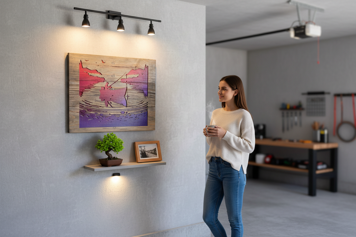 TK Wood Designs rustic wooden wall art featuring a fisherman silhouette against a vibrant sunset gradient in a home.