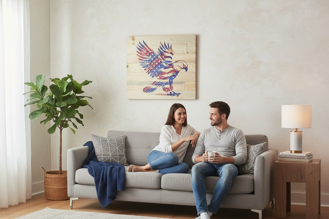 TK Wood Designs wooden flag eagle wall art with red, white, and blue distressed finish.