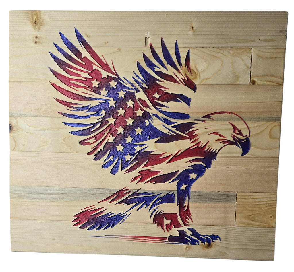 TK Wood Designs wooden wall art featuring a distressed American flag eagle design in red, white, and blue.