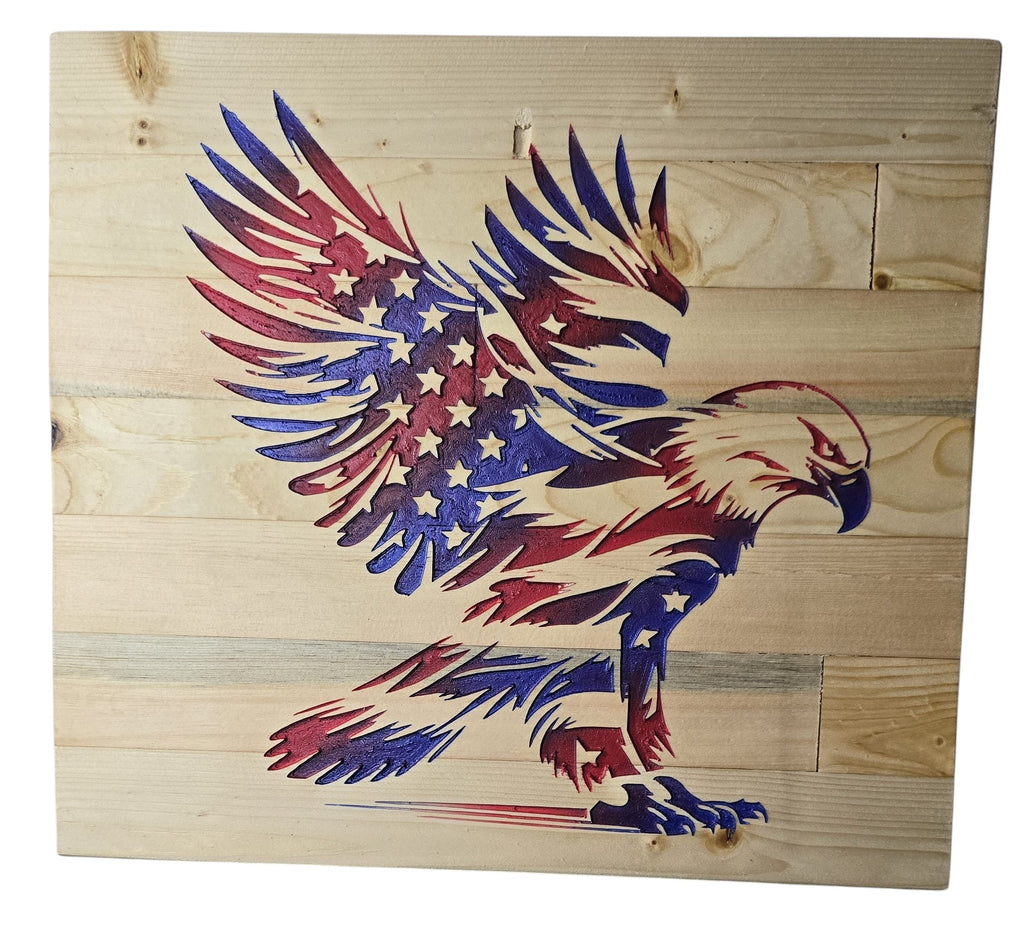 TK Wood Designs wooden flag eagle wall art, featuring a carved eagle with American flag colors and stars.