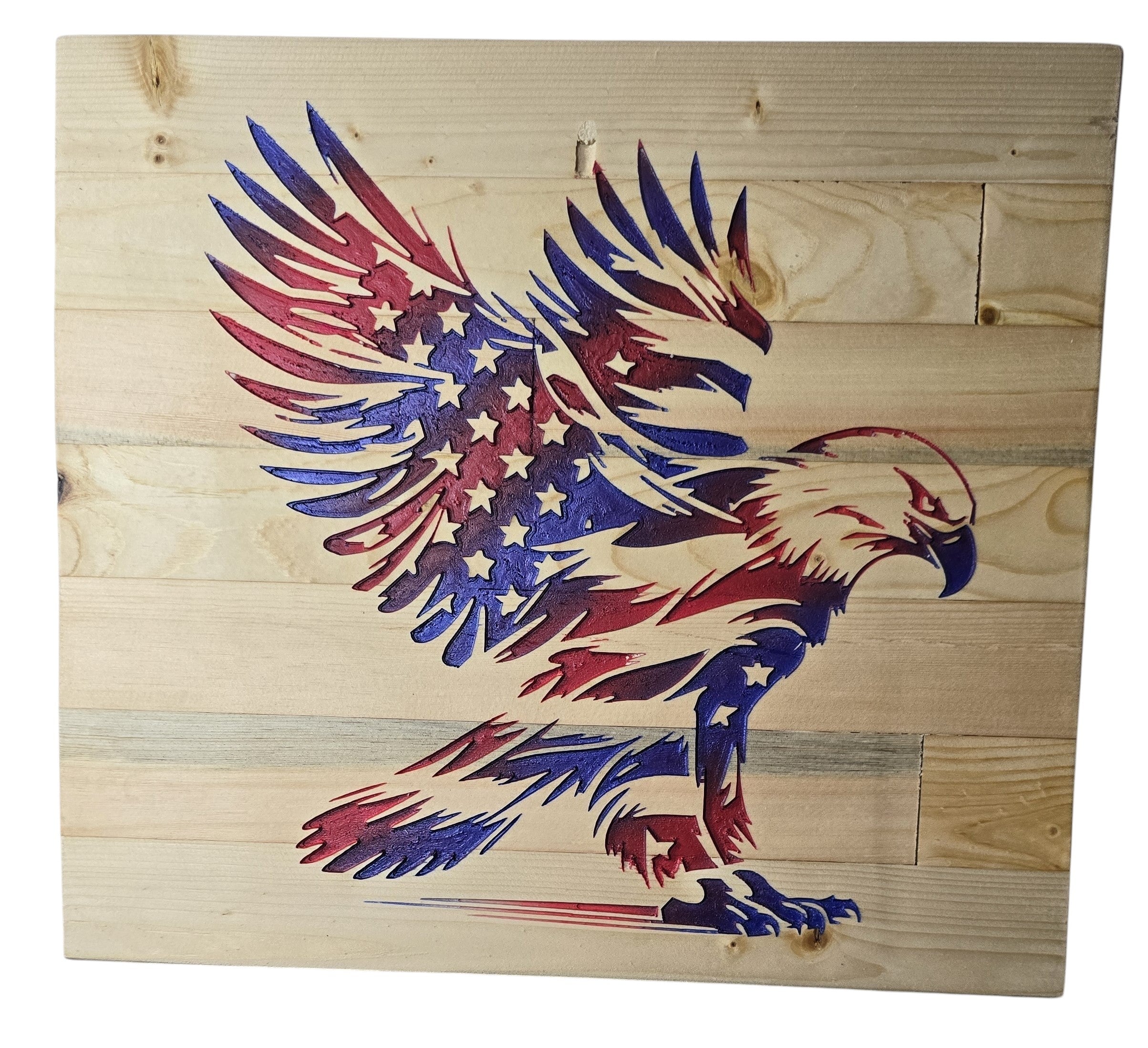 TK Wood Designs wooden flag eagle wall art, featuring a carved eagle with American flag colors and stars.