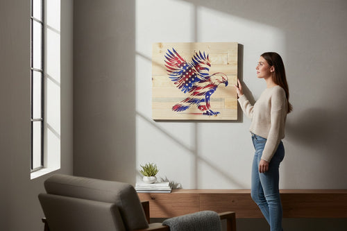 TK Wood Designs wooden flag eagle wall art with red, white, and blue distressed finish.