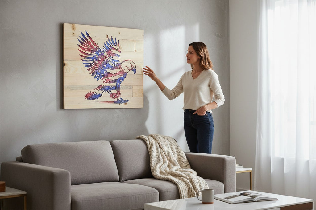 TK Wood Designs wooden flag eagle wall art with red, white, and blue distressed finish.