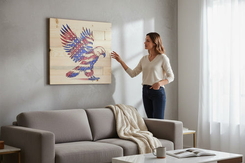 TK Wood Designs wooden flag eagle wall art with red, white, and blue distressed finish.