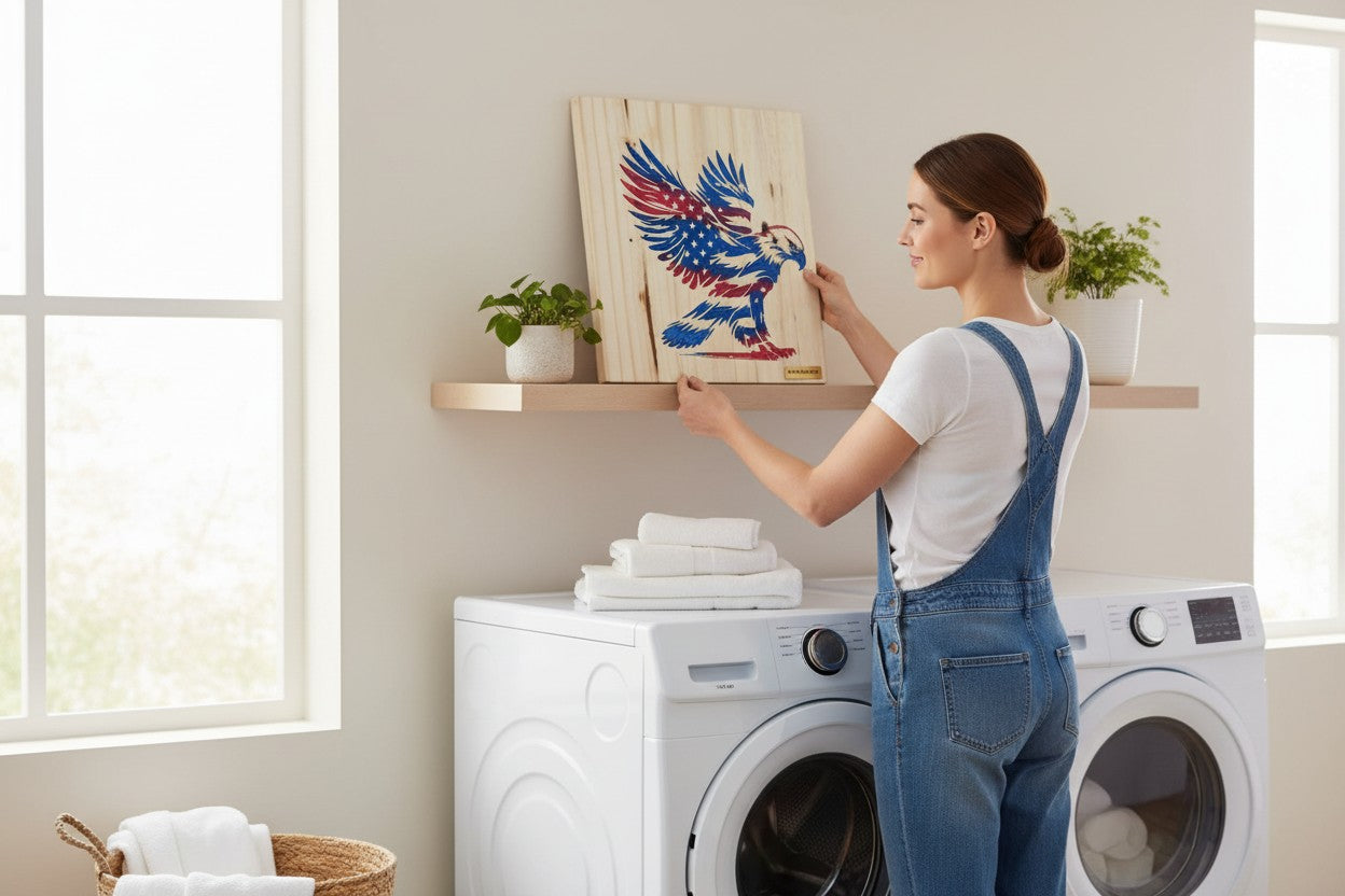 TK Wood Designs patriotic wooden sign featuring a carved eagle with American flag wings in red, white, and blue.