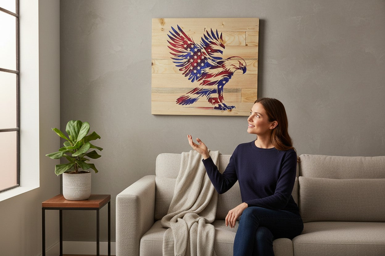 TK Wood Designs wooden wall art featuring a carved eagle with American flag colors and stars.