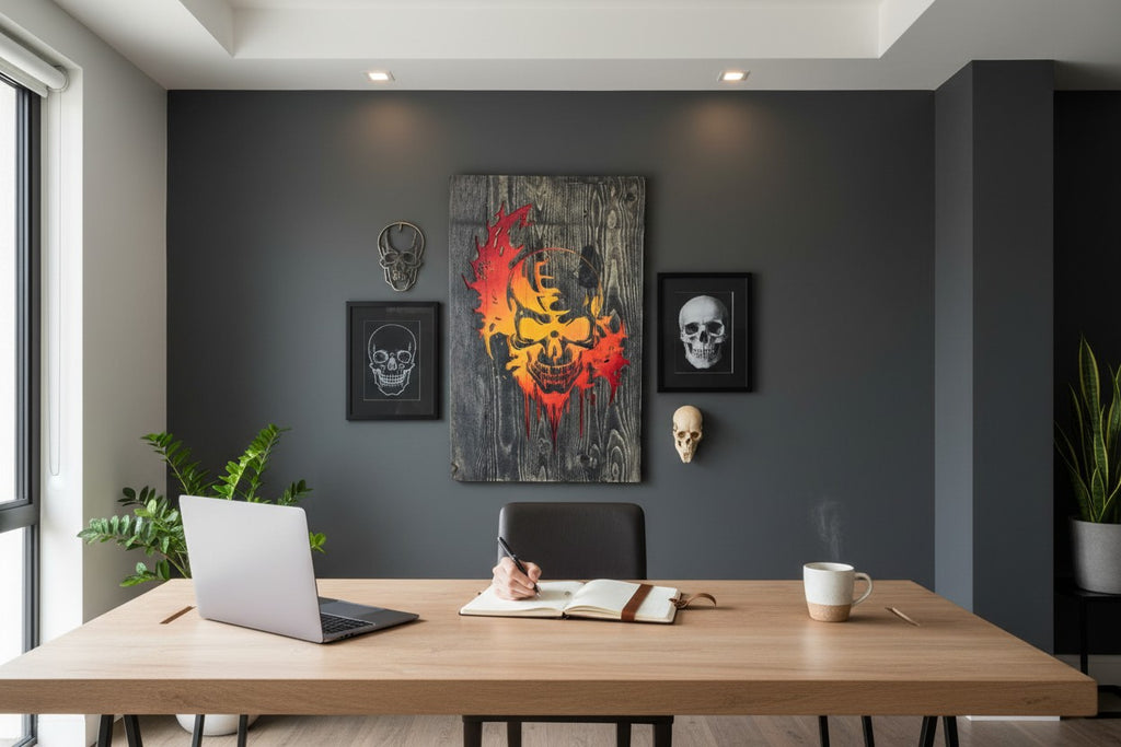 TK Wood Designs handmade wood sign featuring a flaming skull in red, orange, and yellow on distressed grey wood.