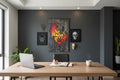 TK Wood Designs handmade wood sign featuring a flaming skull in red, orange, and yellow on distressed grey wood.