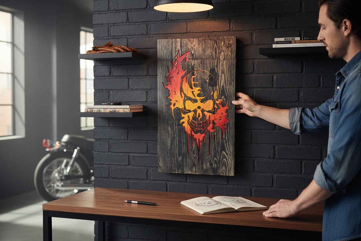 TK Wood Designs handmade wood sign featuring a flaming skull in red, orange, and yellow on distressed grey wood.