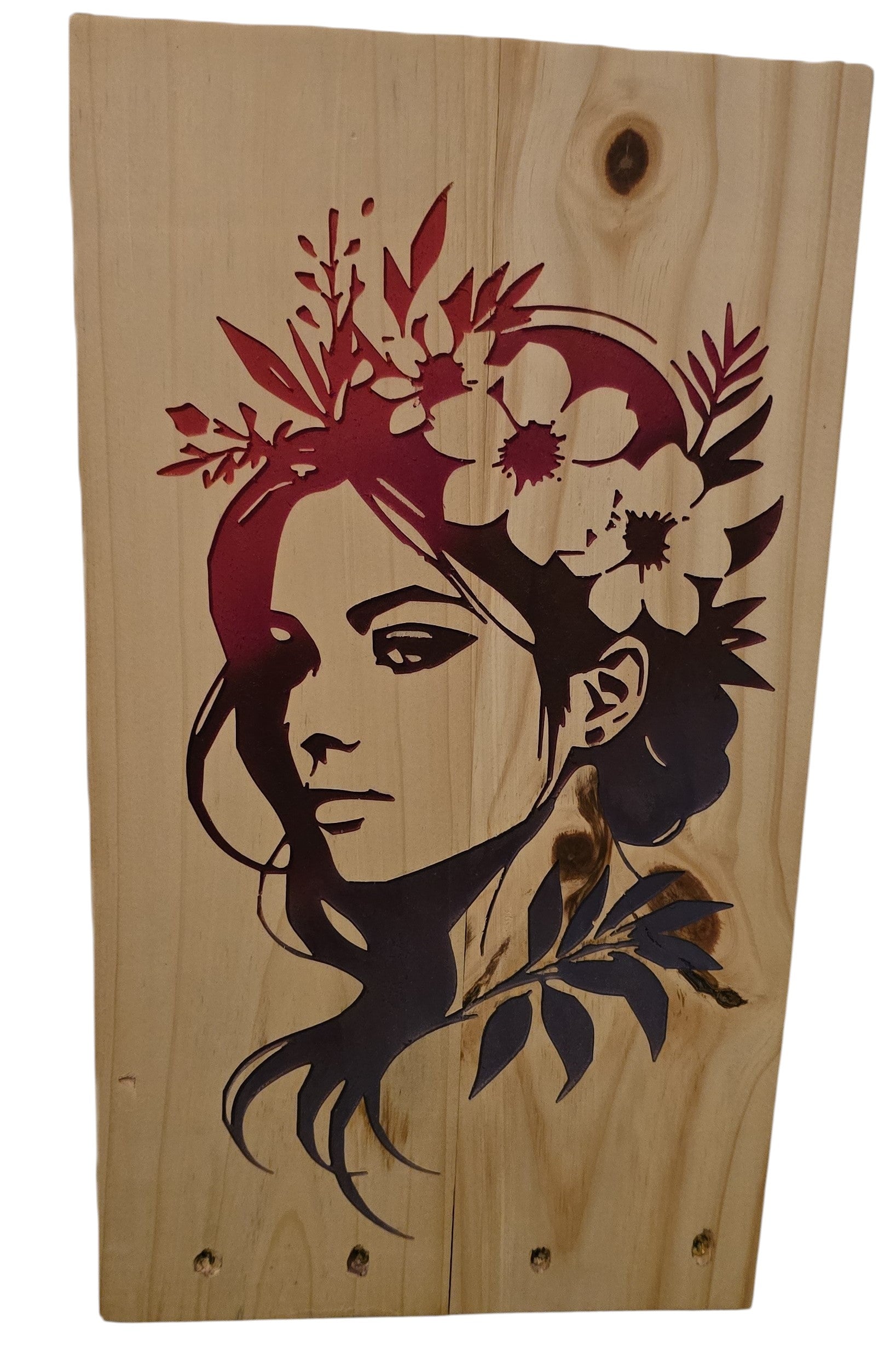 TK Wood Designs wood wall art of a woman with a floral crown, featuring a bohemian style and natural wood finish.