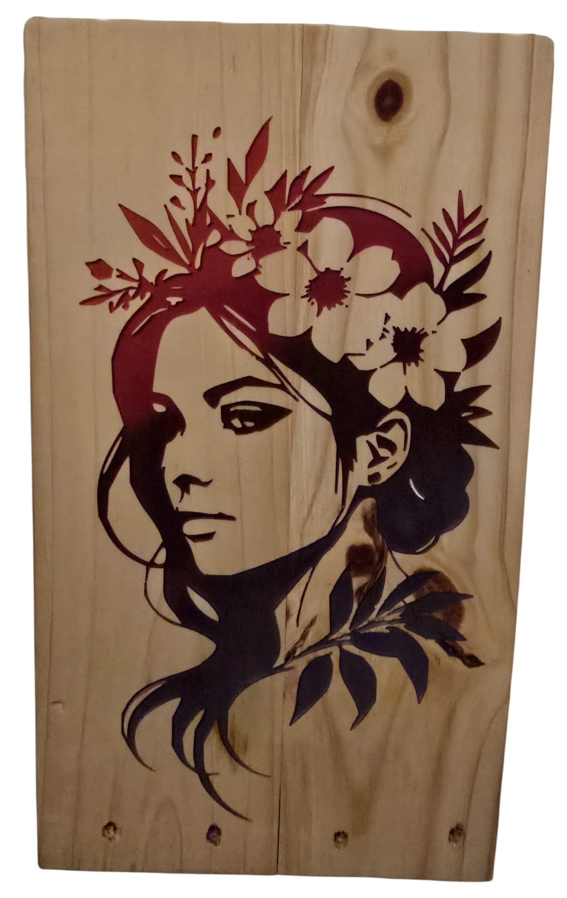 TK Wood Designs wood wall art of a woman with a red floral crown. Bohemian style, natural wood.