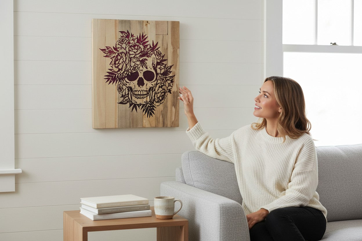TK Wood Designs wooden wall art featuring a skull adorned with red roses and leaves. The design is carved into natural wood planks.
