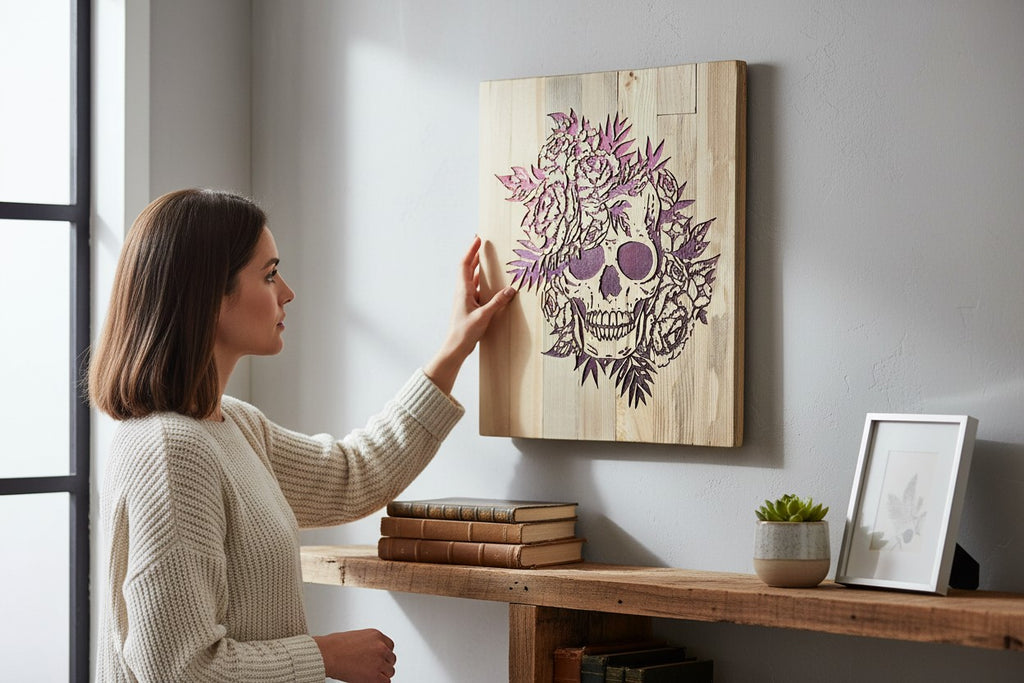 TK Wood Designs wooden wall art featuring a skull adorned with red roses and leaves.