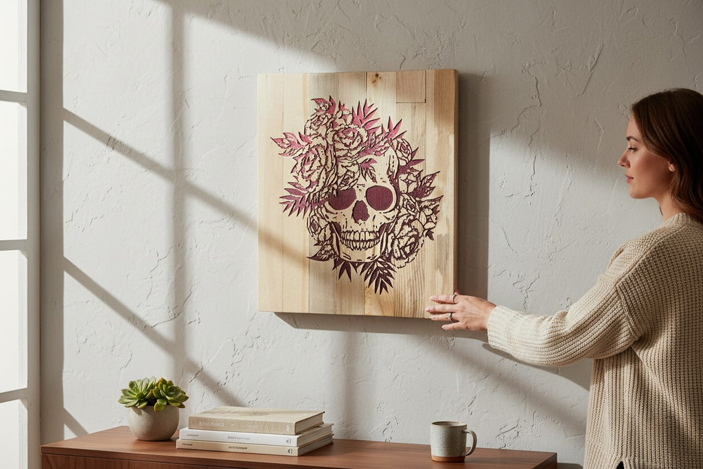 TK Wood Designs wooden wall art featuring a skull adorned with red roses and leaves. The design is carved into natural wood planks.