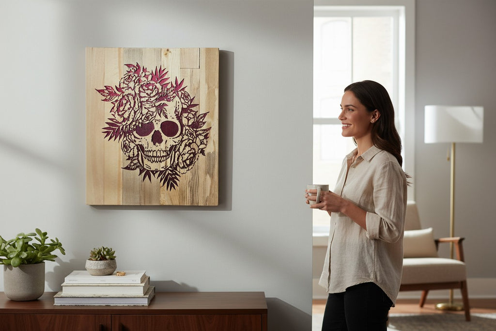 TK Wood Designs wooden wall art featuring a skull adorned with red roses and leaves. The intricate design is carved into natural wood.
