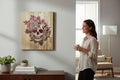 TK Wood Designs wooden wall art featuring a skull adorned with red roses and leaves. The intricate design is carved into natural wood.