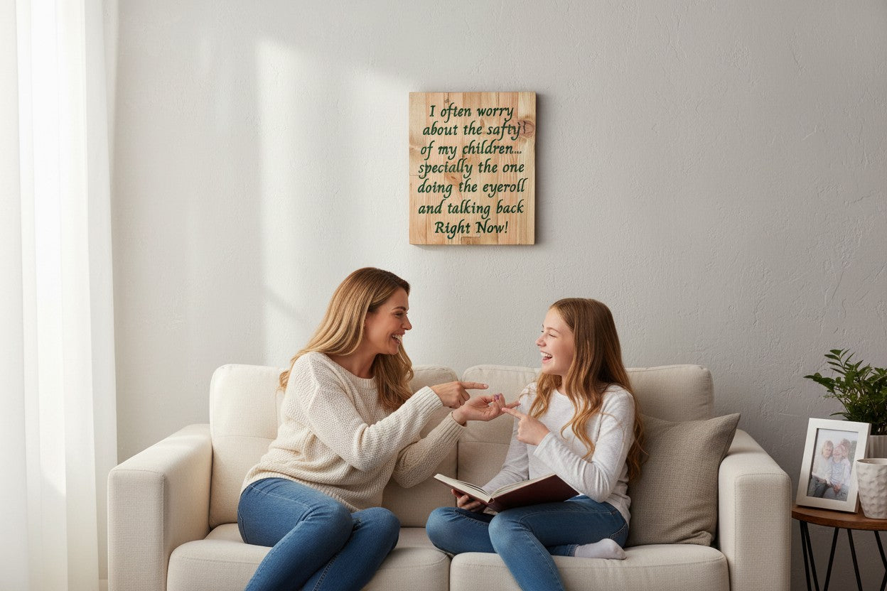TK Wood Designs natural wood sign with carved text about children's eye-rolling and talking back. A mother and daughter laugh on a couch.