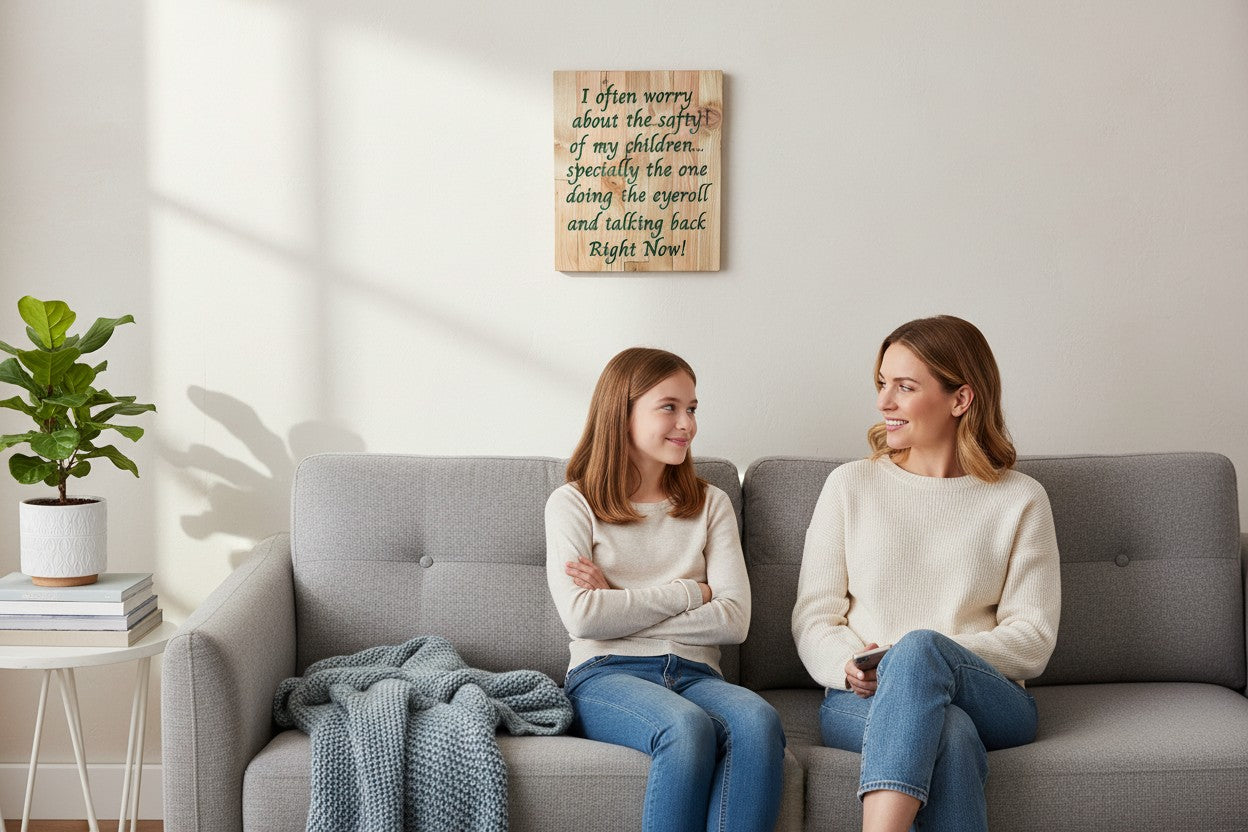 TK Wood Designs wooden sign with funny saying about children's eye-rolling and talking back. Natural wood.