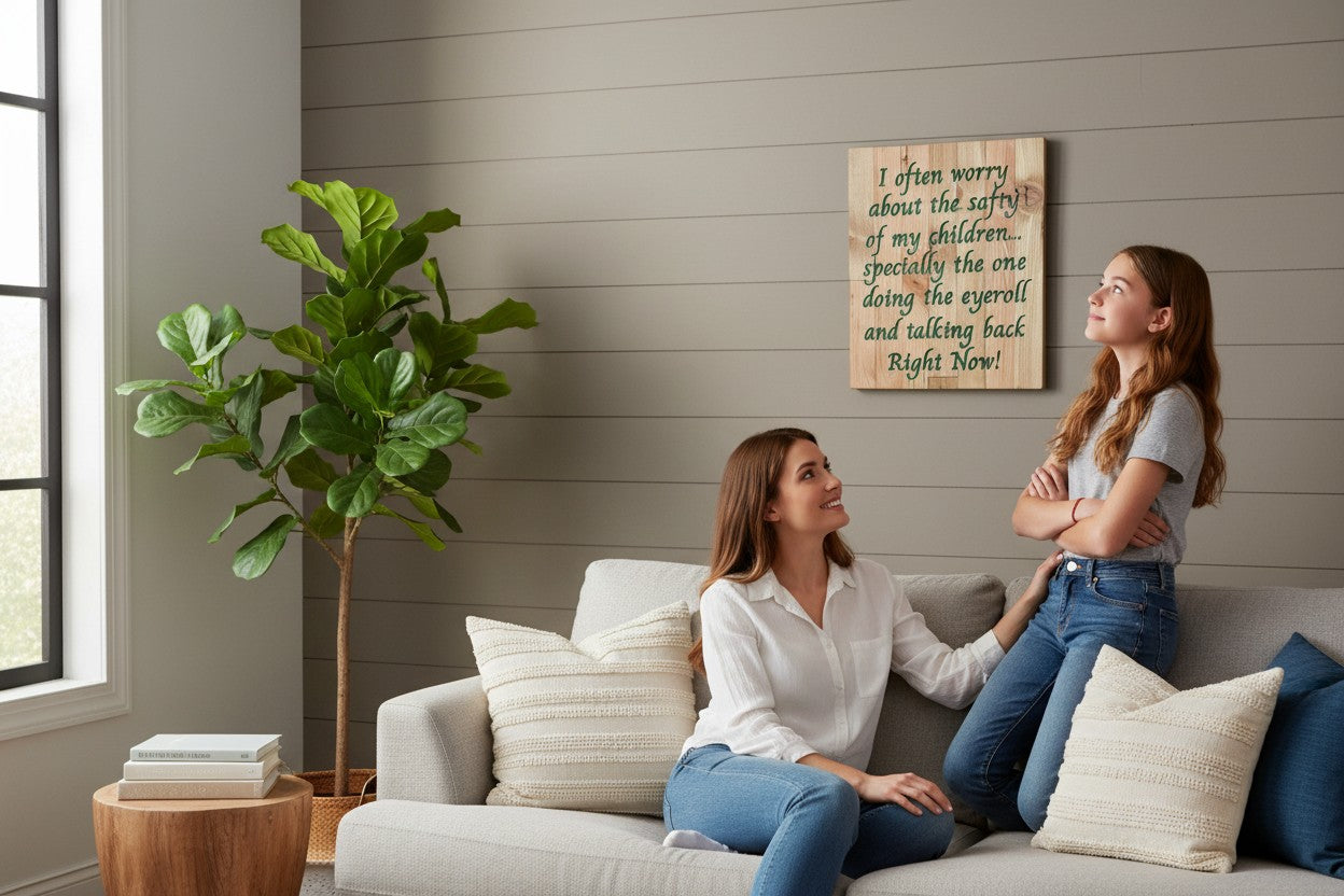 TK Wood Designs wooden sign with funny saying about children, "I often worry about the safety of my children... specially the one doing the eyeroll and talking back Right Now!"