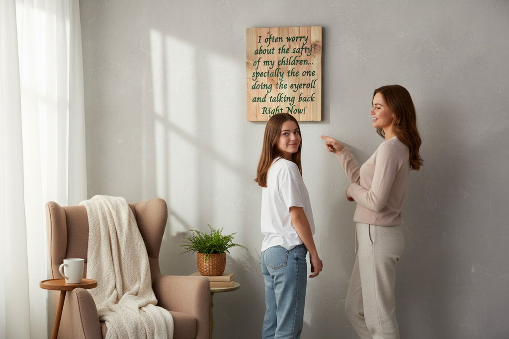 TK Wood Designs wooden sign with funny saying about children, "I often worry about the safety of my children... specially the one doing the eyeroll and talking back Right Now!"