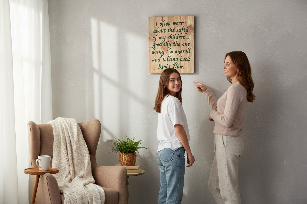 TK Wood Designs wooden sign with funny saying about children, "I often worry about the safety of my children... specially the one doing the eyeroll and talking back Right Now!"