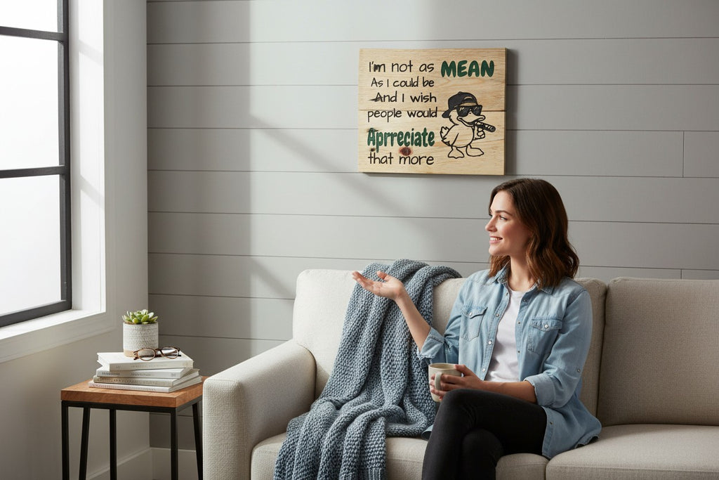 TK Wood Designs humorous wooden wall sign with a cool duck illustration hanging above a woman on a sofa.