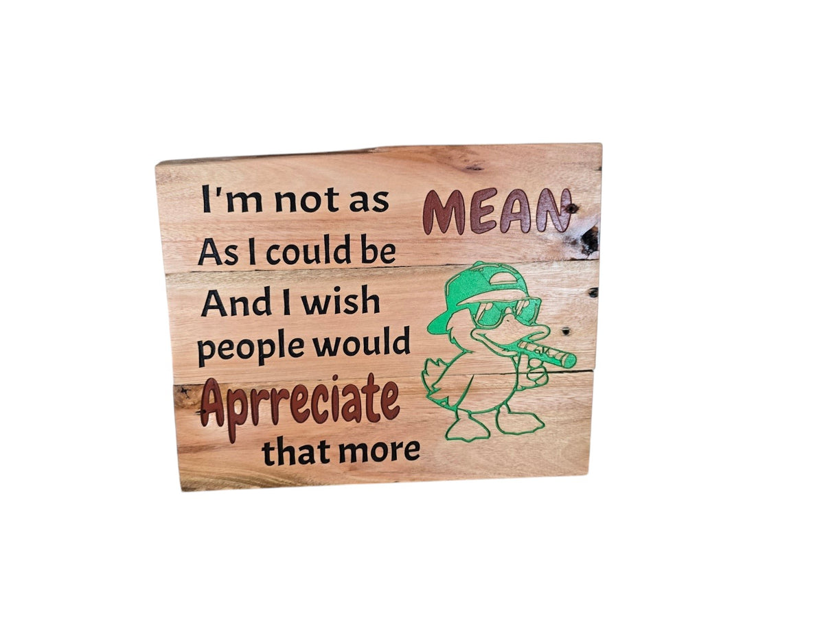 TK Wood Designs wooden sign featuring a funny duck in sunglasses and a cap with the quote I am not as mean as I could be