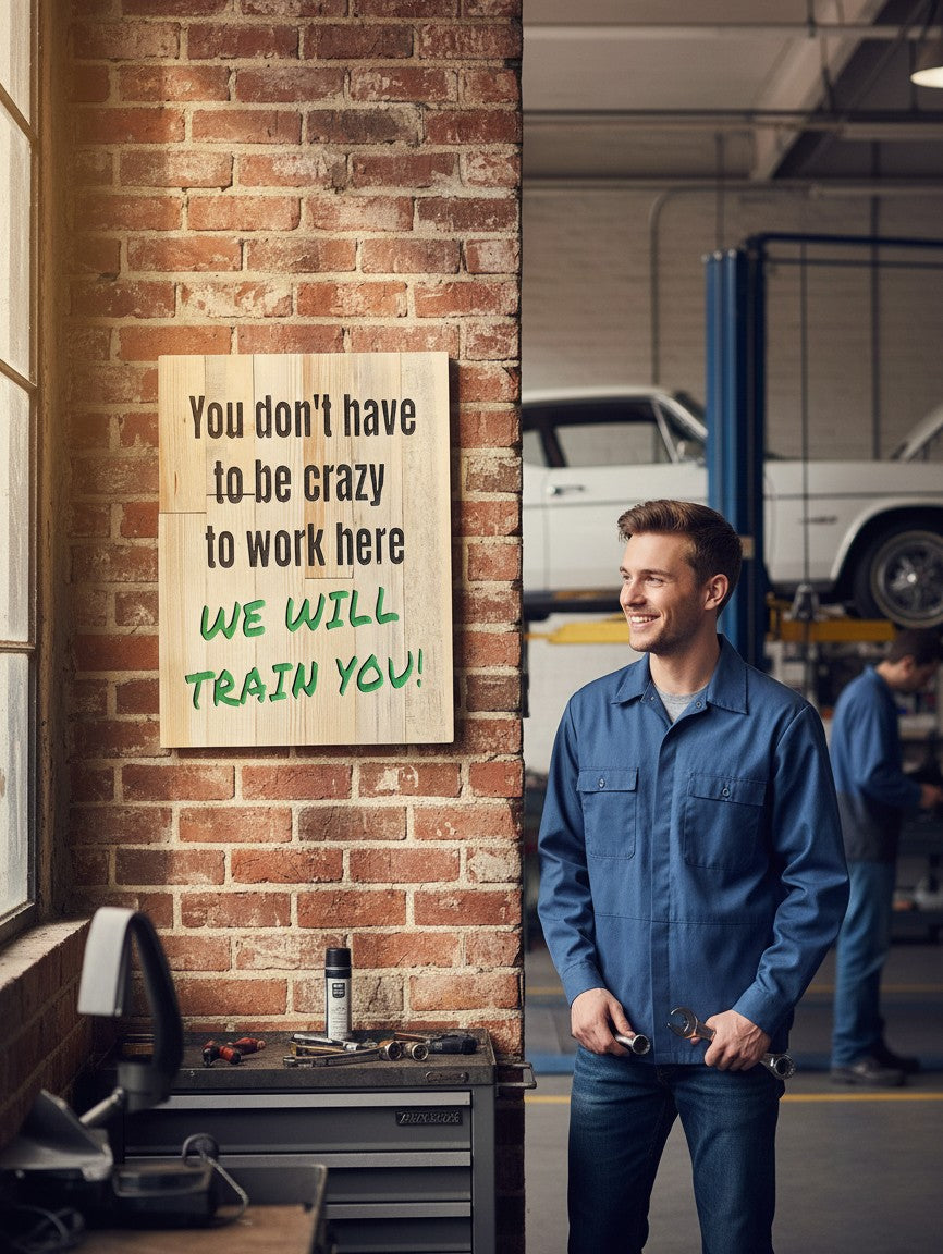 TK Wood Designs rustic wood sign with black text reading "You don't have to be crazy to work here" and green text reading "WE WILL TRAIN YOU!"